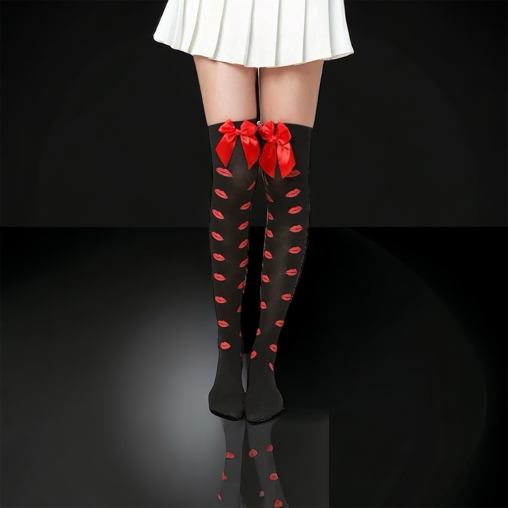 Lips Kiss Mesh Thigh High Stockings Bow Decor Valentines Day Over The Knee Socks
